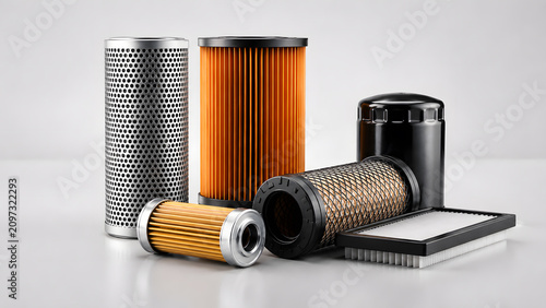 industrial filters isolated on white background automotive and hydraulic filtration components