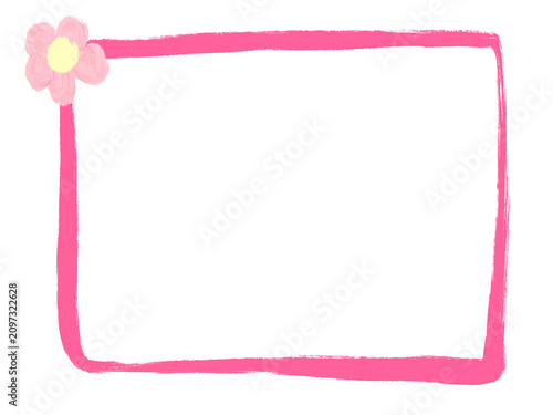 Hand drawn doodle frame with cute pink flower, rectangular magenta brush stroke border