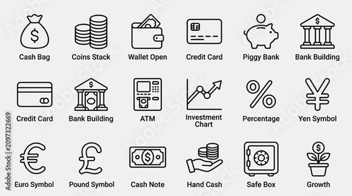 Finance icon set outline style for money and banking transactions like cash bag coins stack wallet open credit card piggy bank and bank building.