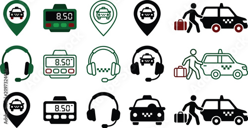 Taxi service icons including locations, fares, headsets and transportation graphics isolated on white background for travel design