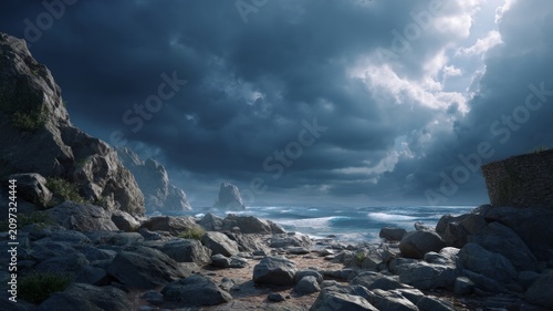 Stormy ocean scene with dramatic clouds and rocks. Artificial intelligence image