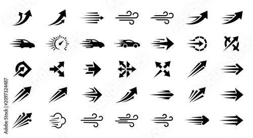 Foto Collection of black dynamic speed and motion arrow icons in different shapes and