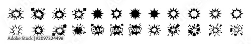 Fotografie Set of black comic explosion and impact effects with various shapes and styles f
