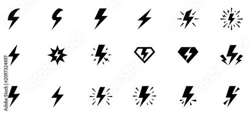 Photos Set of black lightning bolt icons and symbols in various styles on transparent b