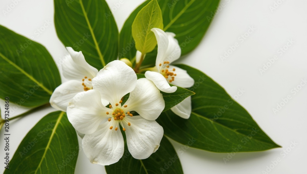 Naklejka premium White Blossoms with Green Leaves on Isolated Background in Soft Light