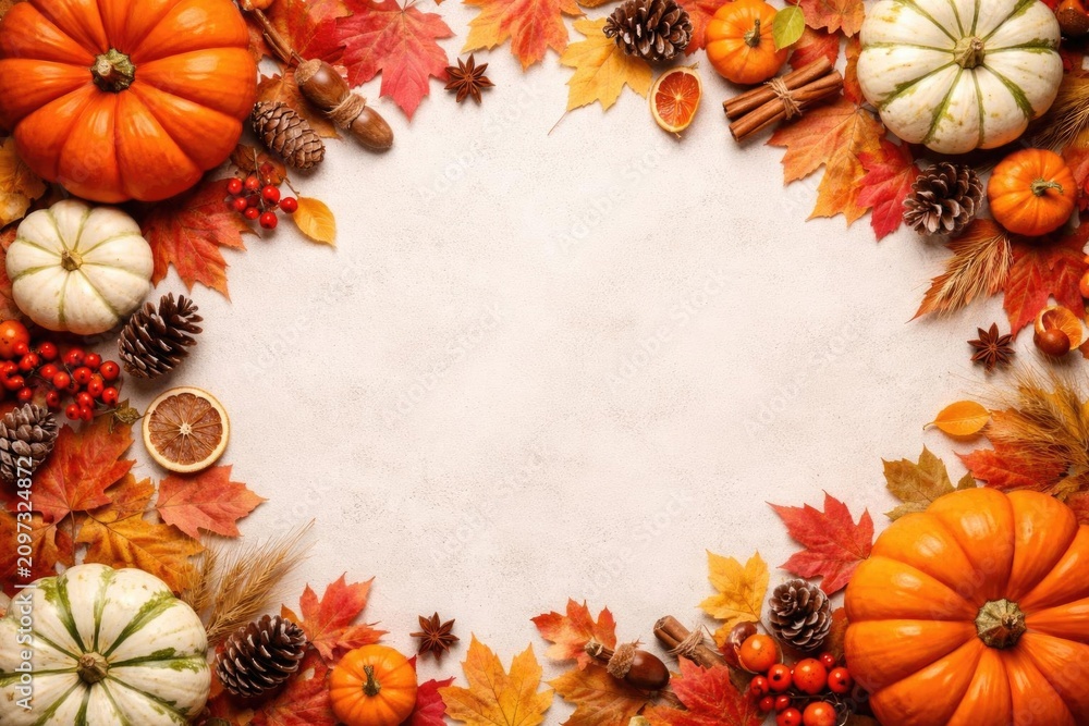 Fototapeta premium Autumn-Themed Seasonal Decorations with Pumpkins and Maple Leaves on Textured Background