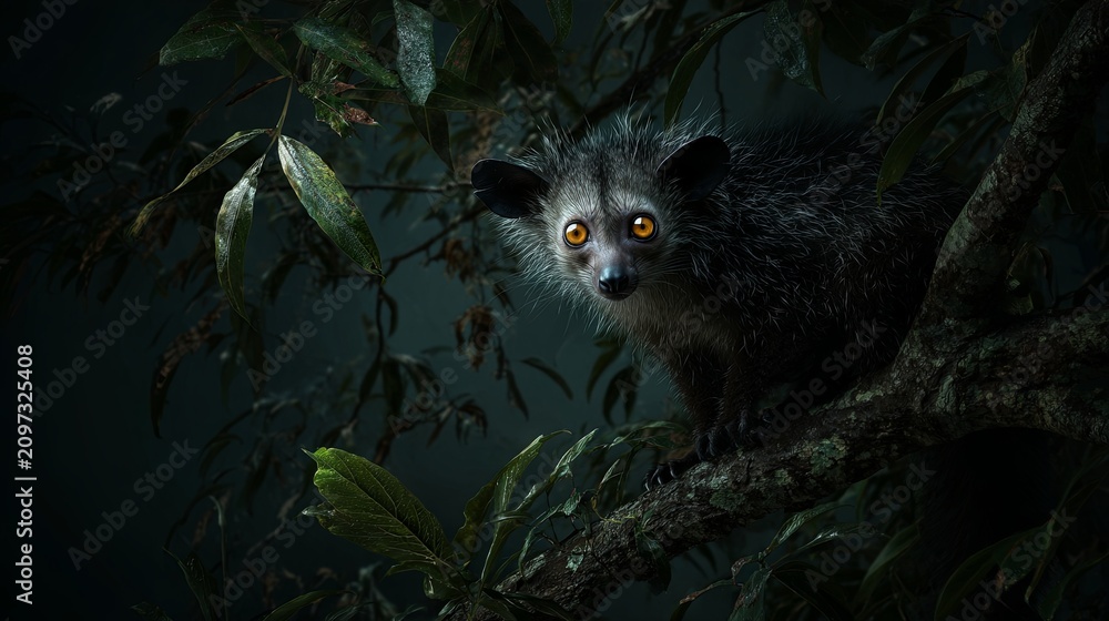 Naklejka premium An ultra-realistic aye-aye lemur perched on a tree branch in the dark Madagascan rainforest, its luminous eyes glowing through the shadows and creating a mysterious nocturnal atmosphere. 
