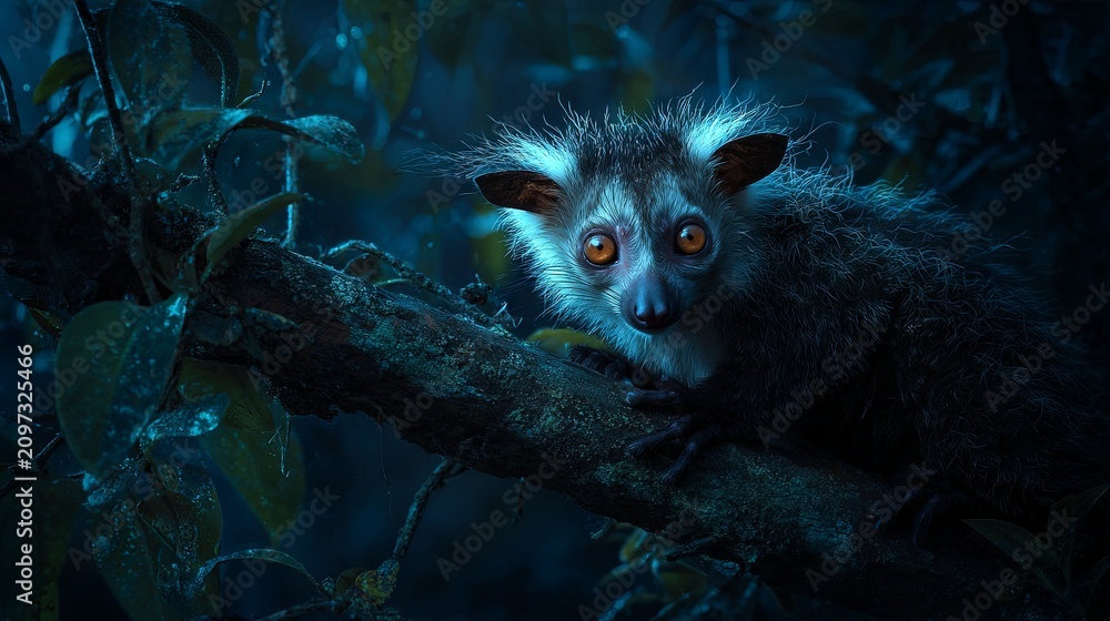 Obraz premium An ultra-realistic aye-aye lemur perched on a tree branch in the dark Madagascan rainforest, its luminous eyes glowing through the shadows and creating a mysterious nocturnal atmosphere.