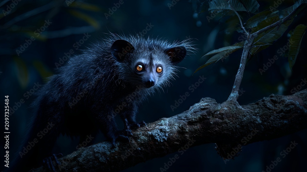 Obraz premium An ultra-realistic aye-aye lemur perched on a tree branch in the dark Madagascan rainforest, its luminous eyes glowing through the shadows and creating a mysterious nocturnal atmosphere.