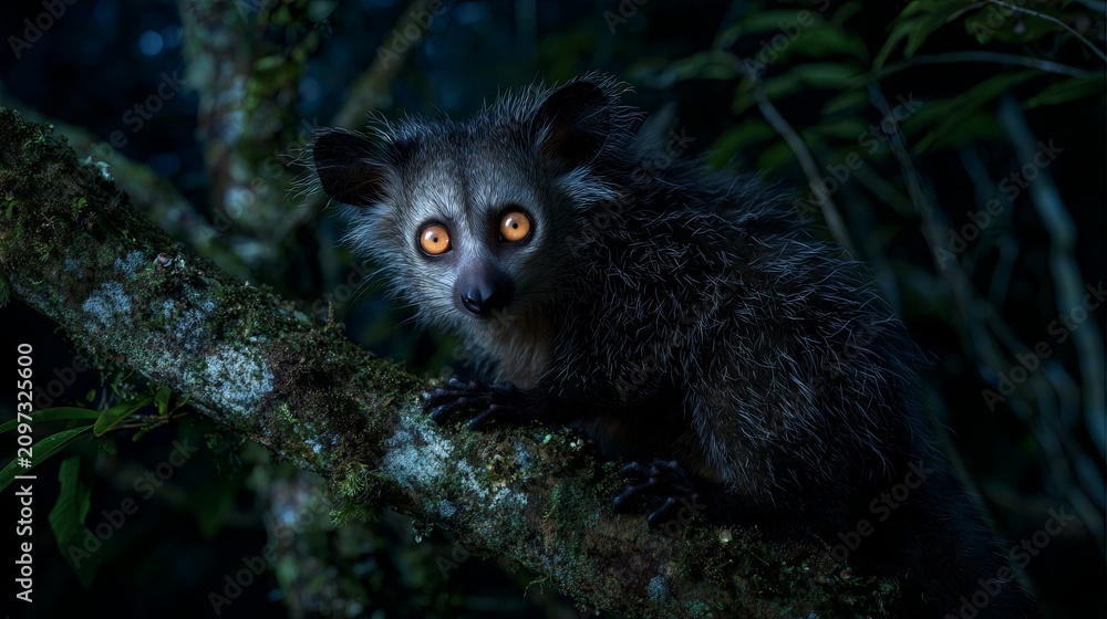 Obraz premium An ultra-realistic aye-aye lemur perched on a tree branch in the dark Madagascan rainforest, its luminous eyes glowing through the shadows and creating a mysterious nocturnal atmosphere.