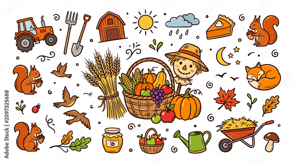 Obraz premium Autumn Harvest Farm Elements in Colorful Hand Drawn Doodle Style
