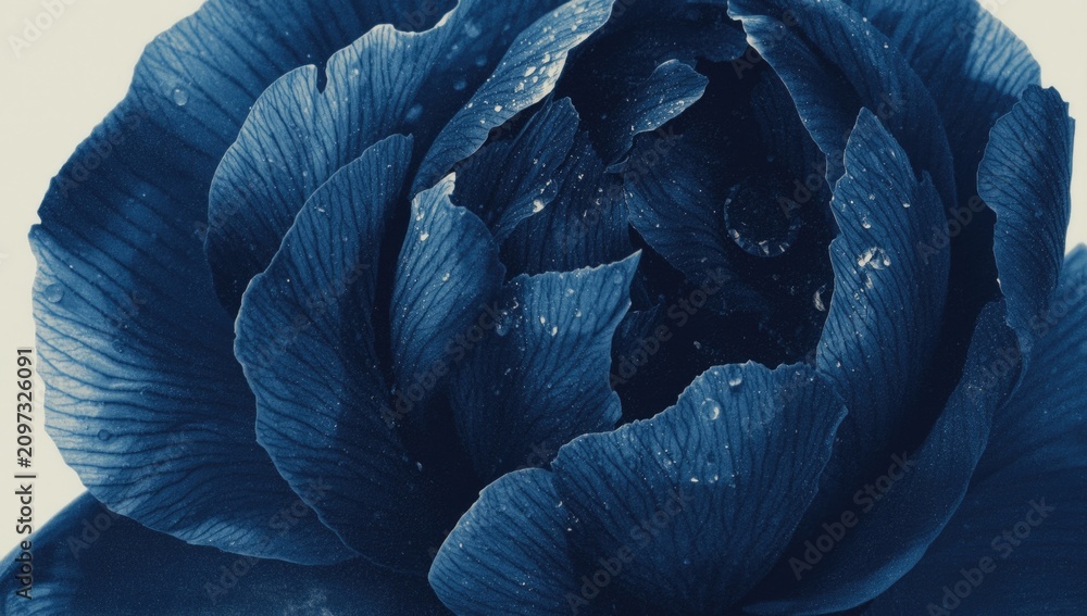 Obraz premium Blue Flower Closeup with Water Droplets on Petals Against a Light Background