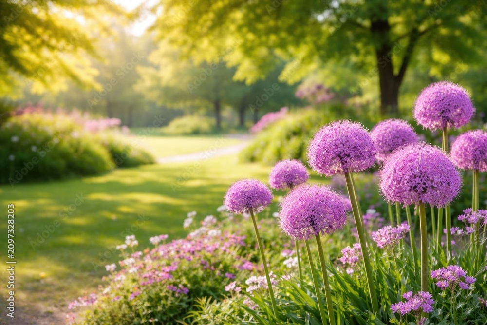 Obraz premium Purple Allium Flowers Blooming in a Sunny Park During Spring