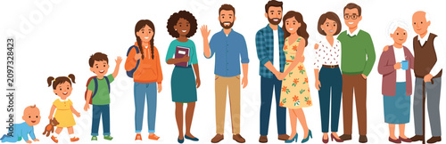Human life cycle aging process vector illustration depicting diverse characters from crawling newborn baby toddler school student young adult couples to senior elderly grandparents