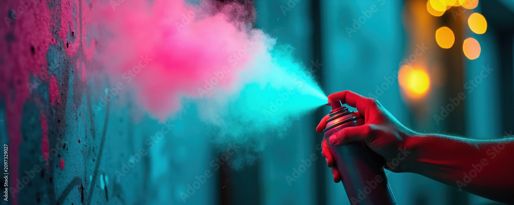 Obraz premium Person hand holds aerosol spraying glowing neon paint on dark wall. Vivid pink, turquoise vapor cloud swirls during night time street art creation. Creative mural maker uses fluorescent pressure