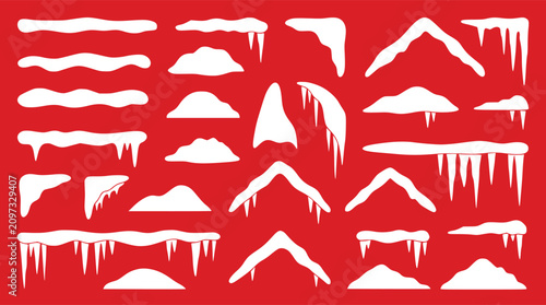 Fotografie Winter snow and icicle elements collection for graphic design on a vibrant red b