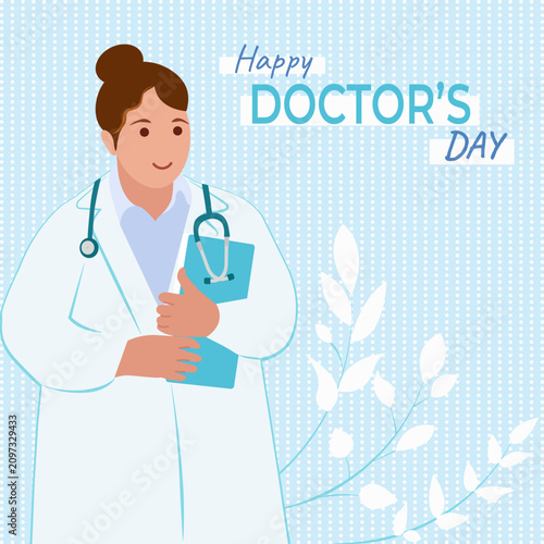 Happy Doctor's Day greeting card design with friendly smiling female physician. Flat vector illustration.