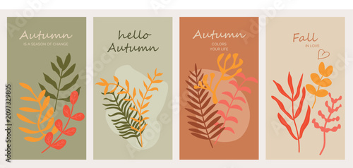 Autumn Botanical Posters Set with Hand Drawn Leaves and Berries in Modern Minimal Style