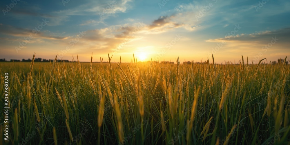 Fototapeta premium Golden Sunset Over a Lush Rice Field Under Dramatic Clouds