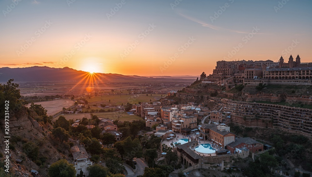 Obraz premium Sunset Over a Scenic Hillside Resort with Pool and Mountains in Background