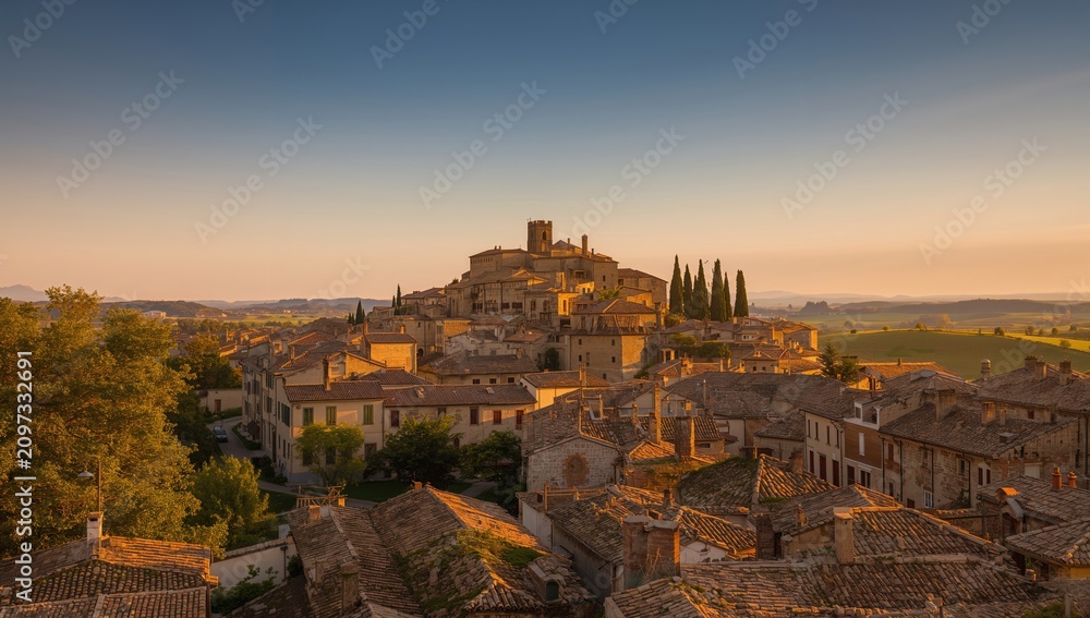 Obraz premium Tuscan Hilltop Village at Sunset with Warm Sky and Ancient Architecture