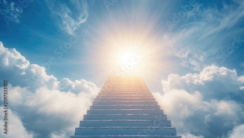 Stairway to Bright Light Above Clouds with Blue Sky Background