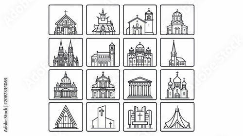 Religious Architecture Illustration Set – High‑Resolution Artwork Representing Global Churches, Cathedrals, and Temples for Cultural, Historical, and Creative Design Projects