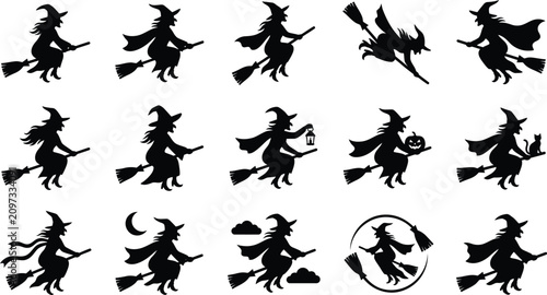 Tableau sur toile Halloween Witch Bundle Black Fill Vector Clipart Collection with Magical Witch E
