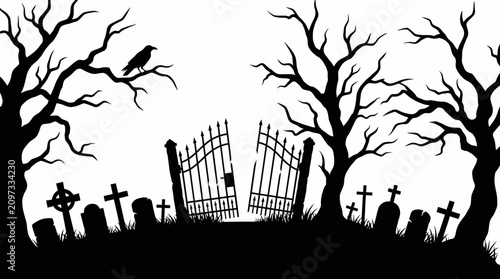Graveyard Silhouette Illustration – High‑Resolution Artwork Representing Haunted Cemetery, Gothic Atmosphere, and Halloween Theme for Horror, Art, and Creative Projects