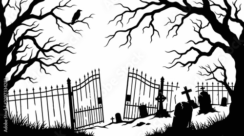 Graveyard Silhouette Illustration – High‑Resolution Artwork Representing Haunted Cemetery, Gothic Atmosphere, and Halloween Theme for Horror, Art, and Creative Projects