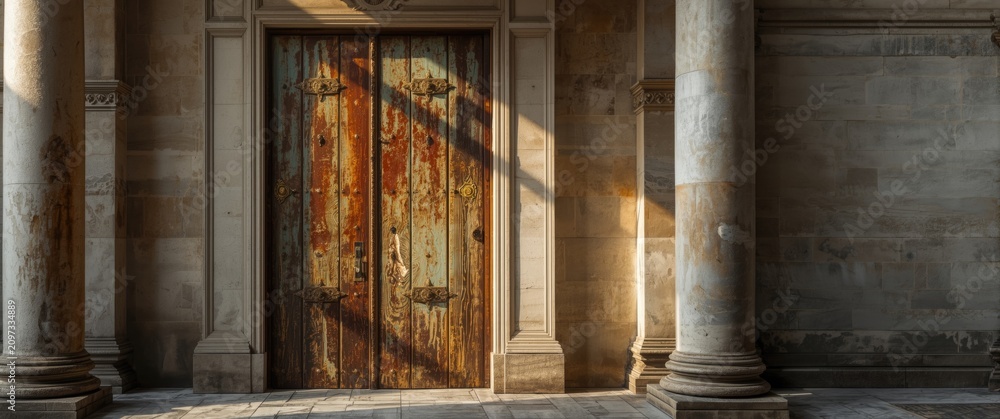 Obraz premium Weathered Wooden Door in Historic Building with Sunlight and Shadows