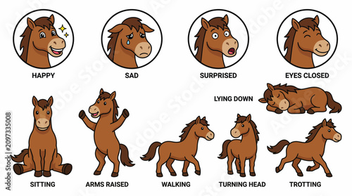 Brown Horse Character Sheet – High‑Resolution Cartoon Illustration Representing Expressions, Poses, and Movements for Animation, Game Design, and Creative Projects