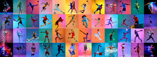 Colorful sports collage with diverse athletes performing multiple competitive disciplines. Concept of sports event promotion, streaming platform branding, sponsorship marketing and fan engagement.
