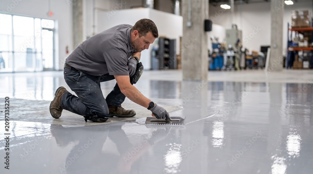 Obraz premium Worker uses trowel to evenly spread epoxy floor coating on concrete. Professional applies epoxy floor coating across industrial floor, ensuring durable, high performance finish.