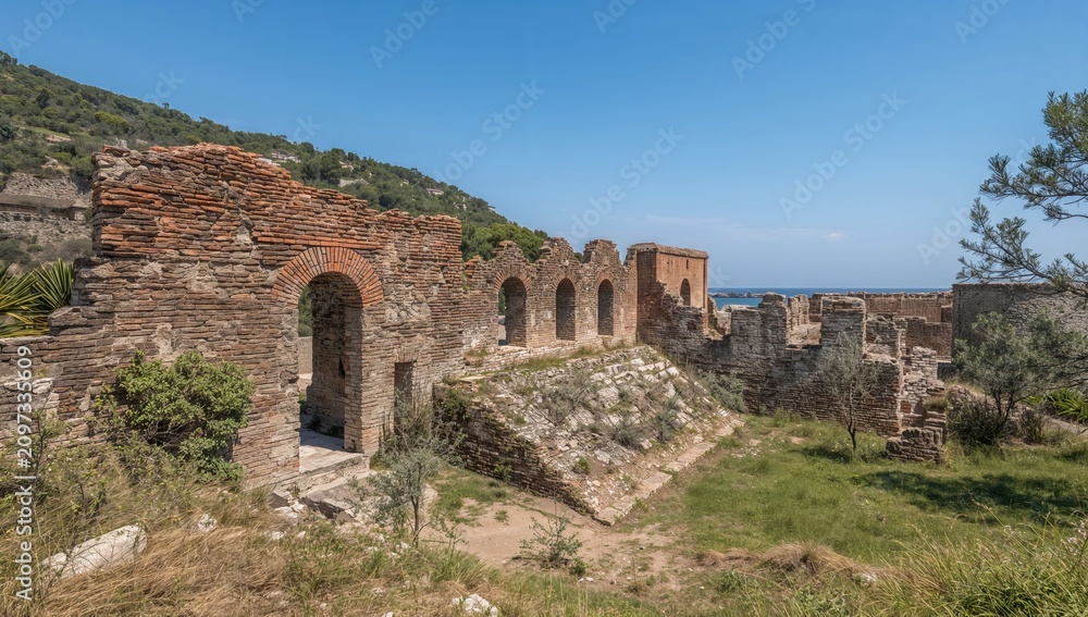 Fototapeta premium Ancient Ruins Overlooking the Sea in a Sunny Landscape