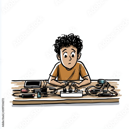 Confused Kid with Gadgets: A young boy with curly hair sits at a table, surrounded by a tangled mess of electronic cables and chargers, looking perplexed.