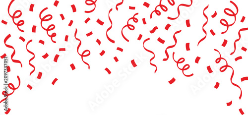 Bild auf Leinwand Red confetti and serpentine streamers falling from top, festive party celebratio