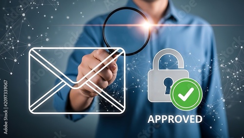 Person in a blue shirt holding a magnifying glass over a digital email next to a secure padlock symbol with a green checkmark and approved text