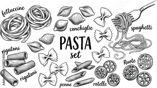 Bild auf Leinwand Traditional Italian pasta types hand drawn engraving illustration set featuring