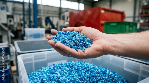 Obraz na płótnie Worker holding blue plastic pellets in a factory