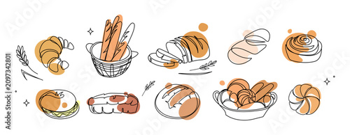 Quadro su tela Hand drawn bakery icon set with croissant, baguette, sandwich, sliced ​​bread, bread loaf, cinnamon roll, bun, pastry and baked goods in minimal line art style for bakery branding, packaging
