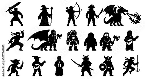 Bild auf Leinwand 70 Fantasy Character Silhouettes, 20 Pixel Art Icons: Warrior, Mage, Archer, Dra