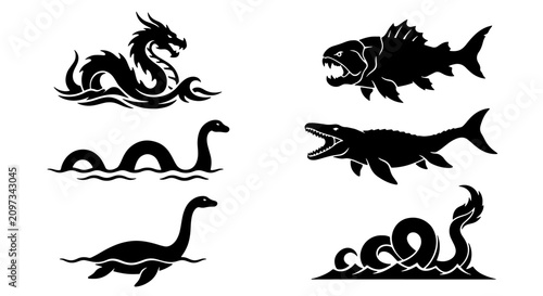 Φωτογραφία 70 Mythical Sea Creatures Vector Icons: Dragon, Loch Ness Monster, Leviathan, Fi