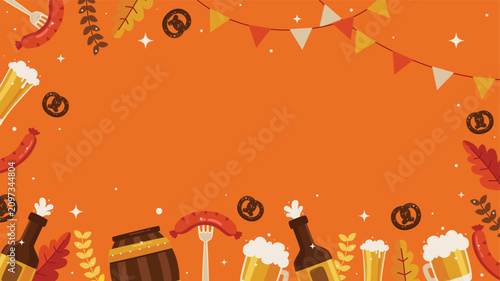 Oktoberfest themed illustration featuring beer mugs, bottles, sausages, pretzels, and a wooden barrel on a bright orange background.