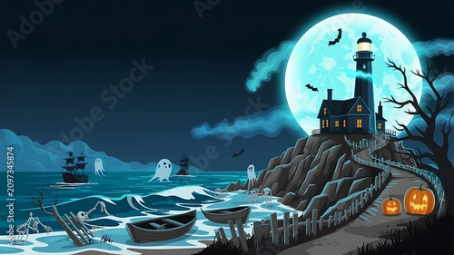 Spooky lighthouse at night with ghosts and full moon