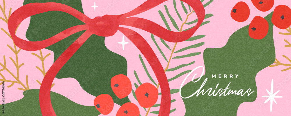 Fototapeta premium Modern Christmas background featuring an elegant red ribbon, festive winter greenery, holly berries and minimalist decorative elements. Stylish Xmas illustration perfect for greetings, ad, print