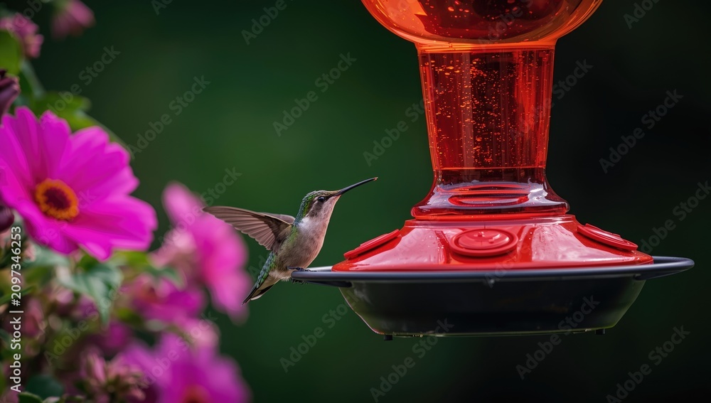 Fototapeta premium Hummingbird Feeding at a Red Feeder Surrounded by Colorful Flowers
