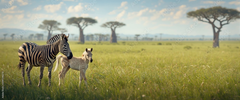 Obraz premium Zebra and Foal Grazing in a Savanna Landscape with Baobab Trees