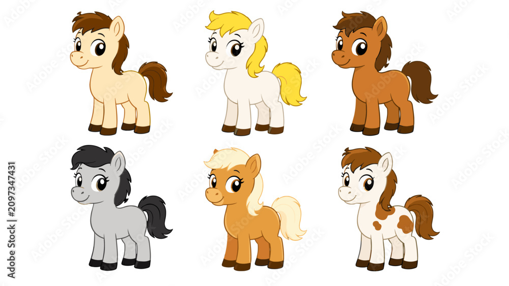 Obraz premium Set of six cute cartoon pony characters in different colors