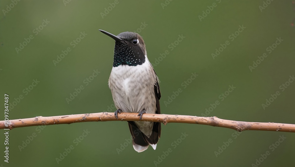 Fototapeta premium Shiny Hummingbird Perched on a Branch with Soft Green Background